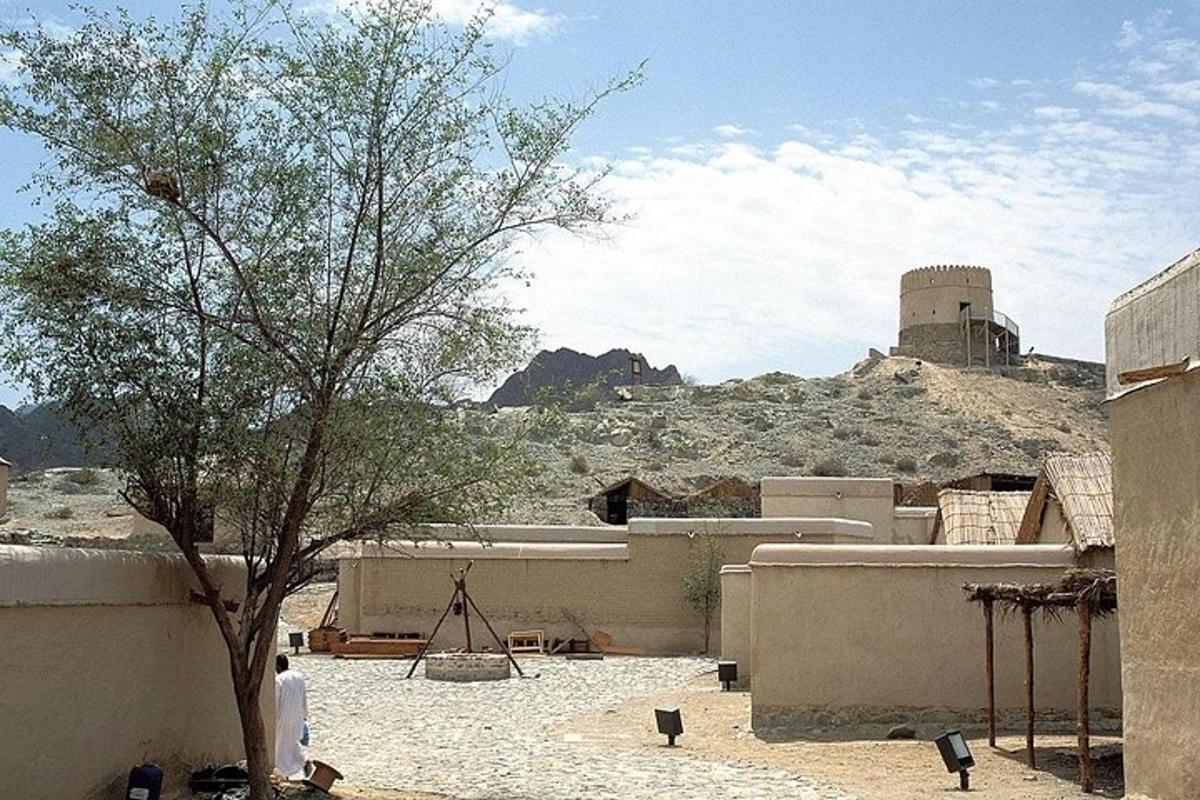a tree in the middle of a desert with a building