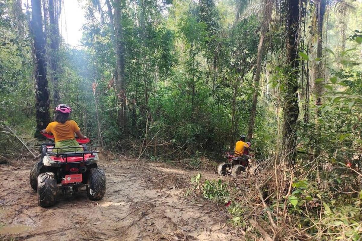 两个人骑着全地形车在森林里的泥路上行驶