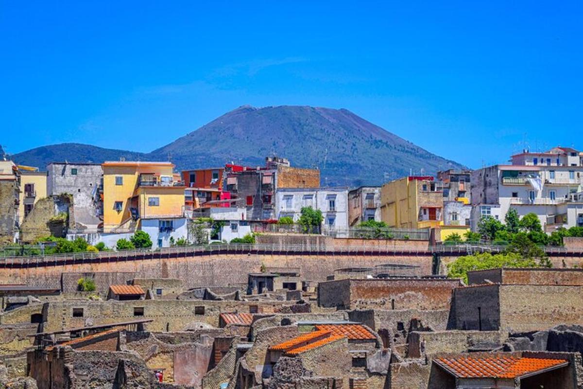 a city with buildings and a mountain in the background