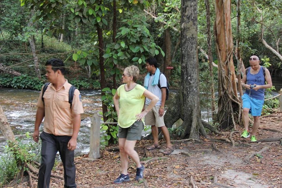 un gruppo di persone che camminano su un sentiero nel bosco
