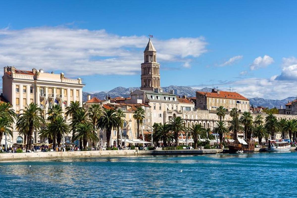 a city with palm trees and a building with a clock tower