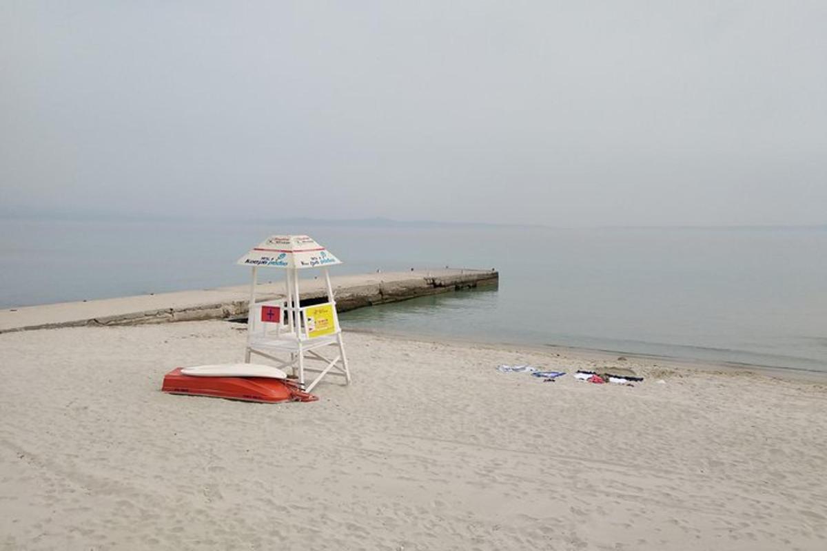 seorang pengawal keselamatan berdiri di pantai bersebelahan lautan