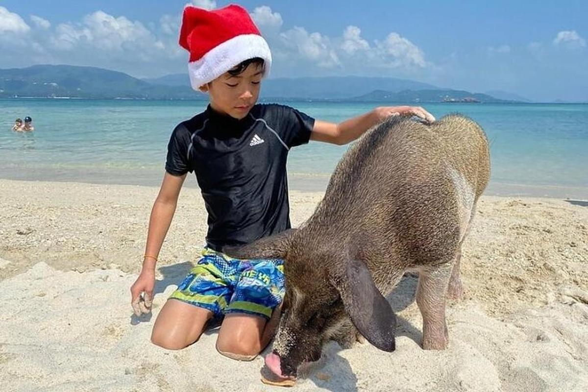 un ragazzino con un cappello da Babbo Natale con un maialino sulla spiaggia