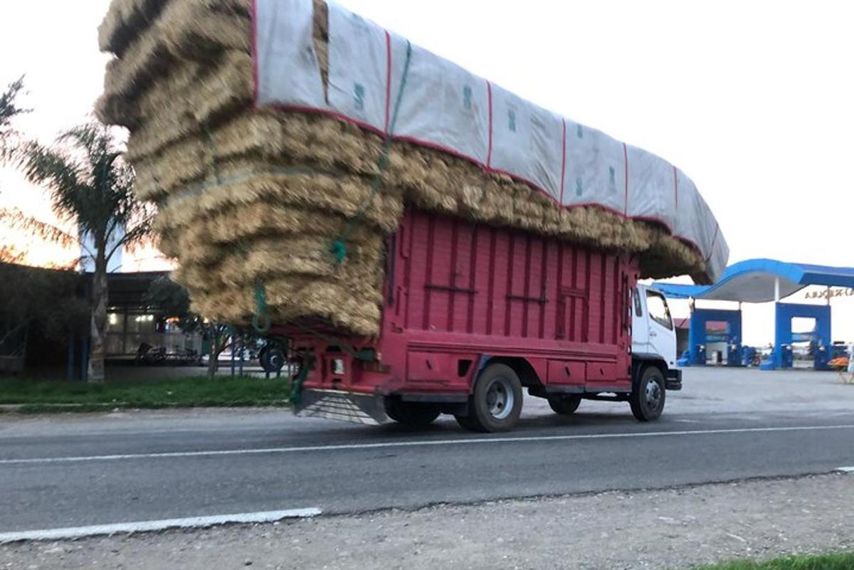 un camió vermell que porta una gran càrrega de fenc