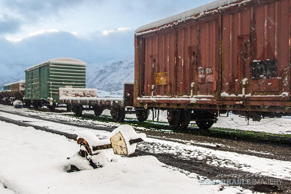 dois vagões de trem nos trilhos na neve