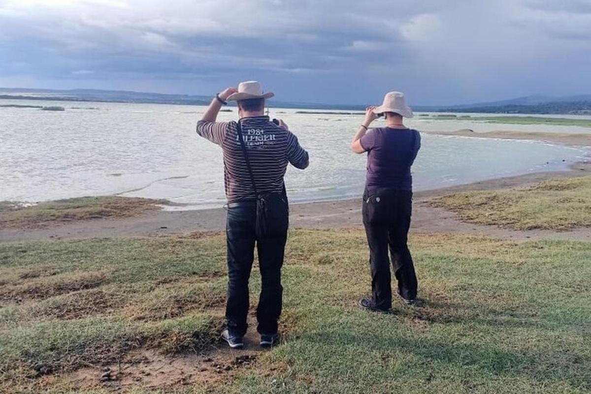 Dos personas paradas en una playa mirando el agua