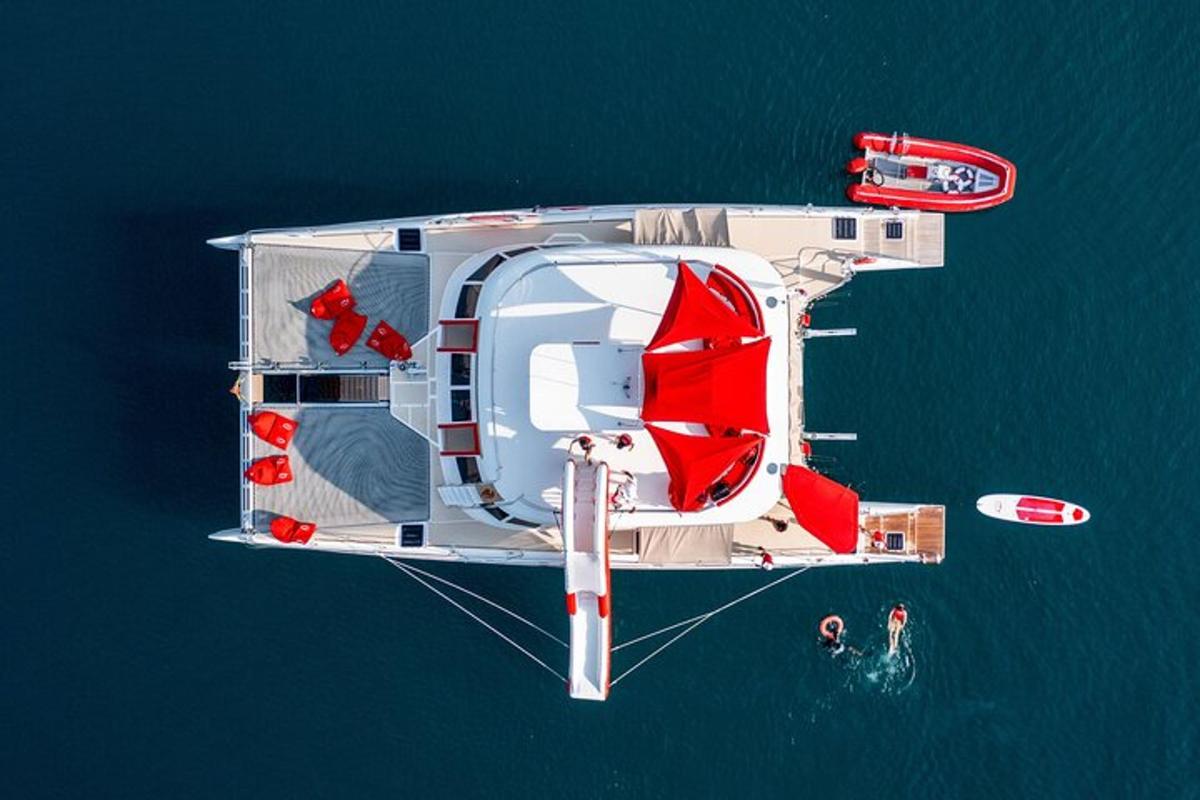 an overhead view of a large boat in the water