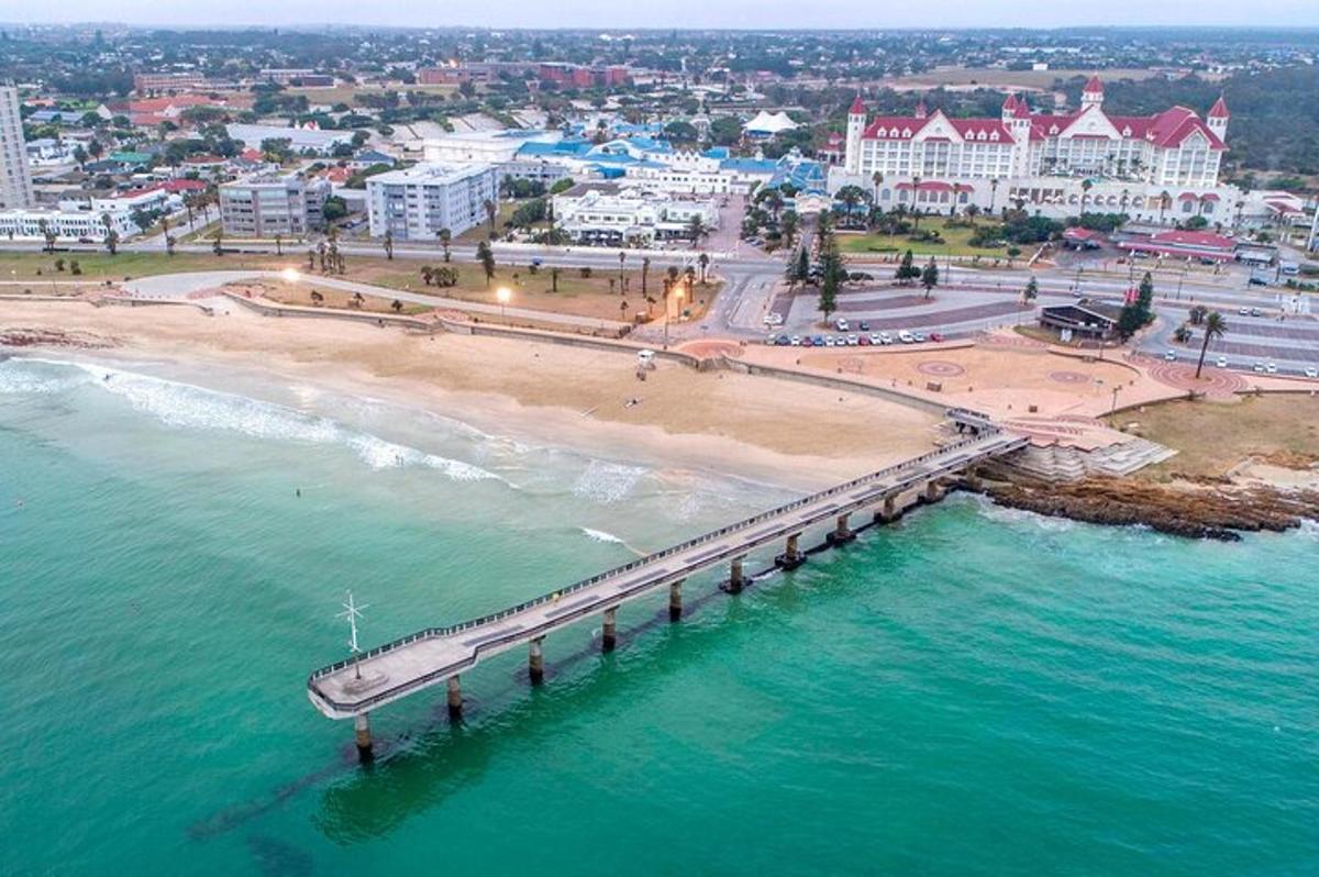 an aerial view of a beach with a pier