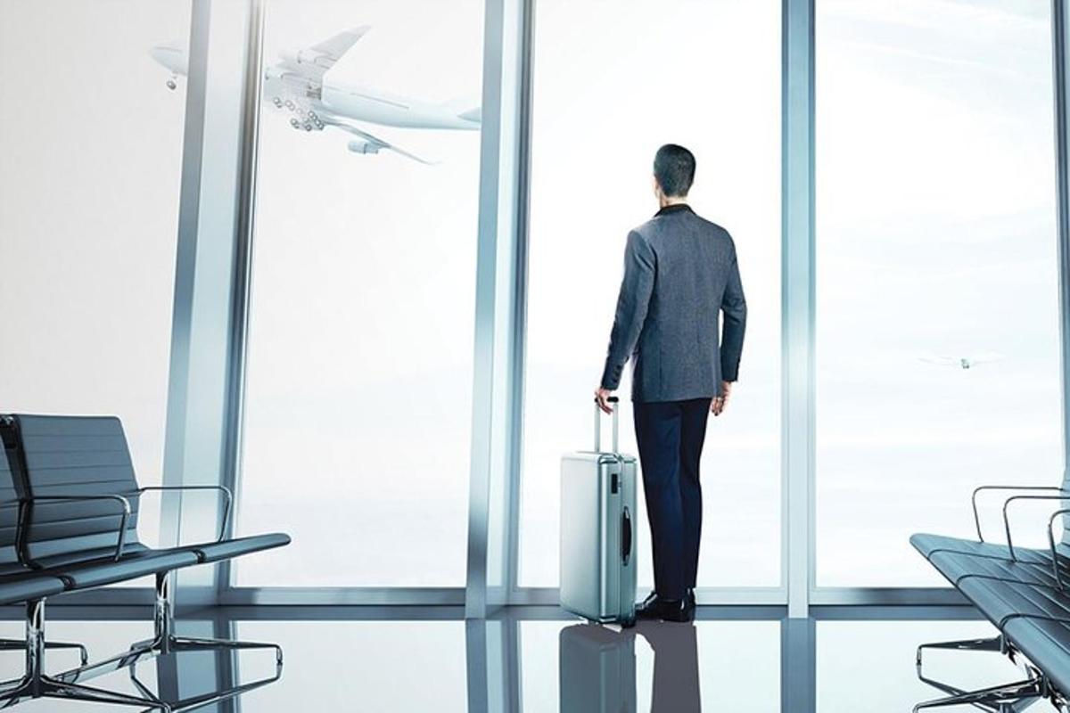a man in an airport with a suitcase looking at an airplane