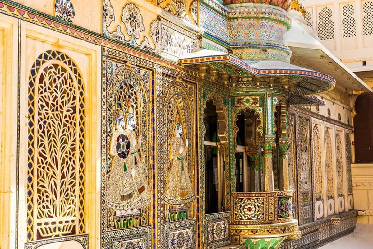 an ornate room with a large gold and blue