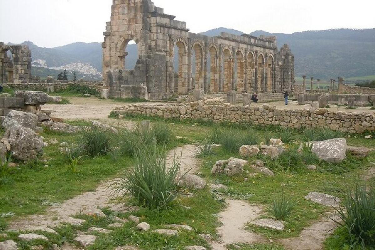 ένα αρχαίο κτίριο με ένα χωράφι με γρασίδι και πέτρες