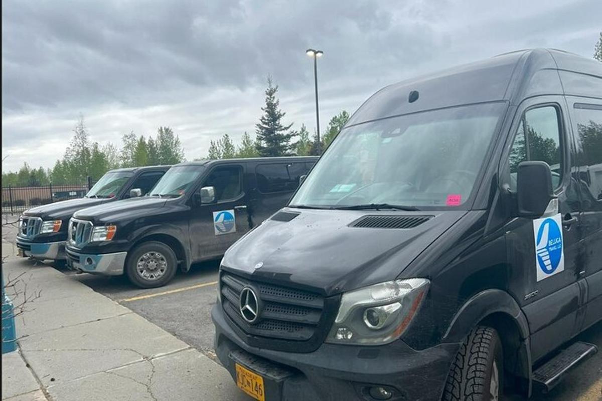 a row of parked trucks parked in a parking lot