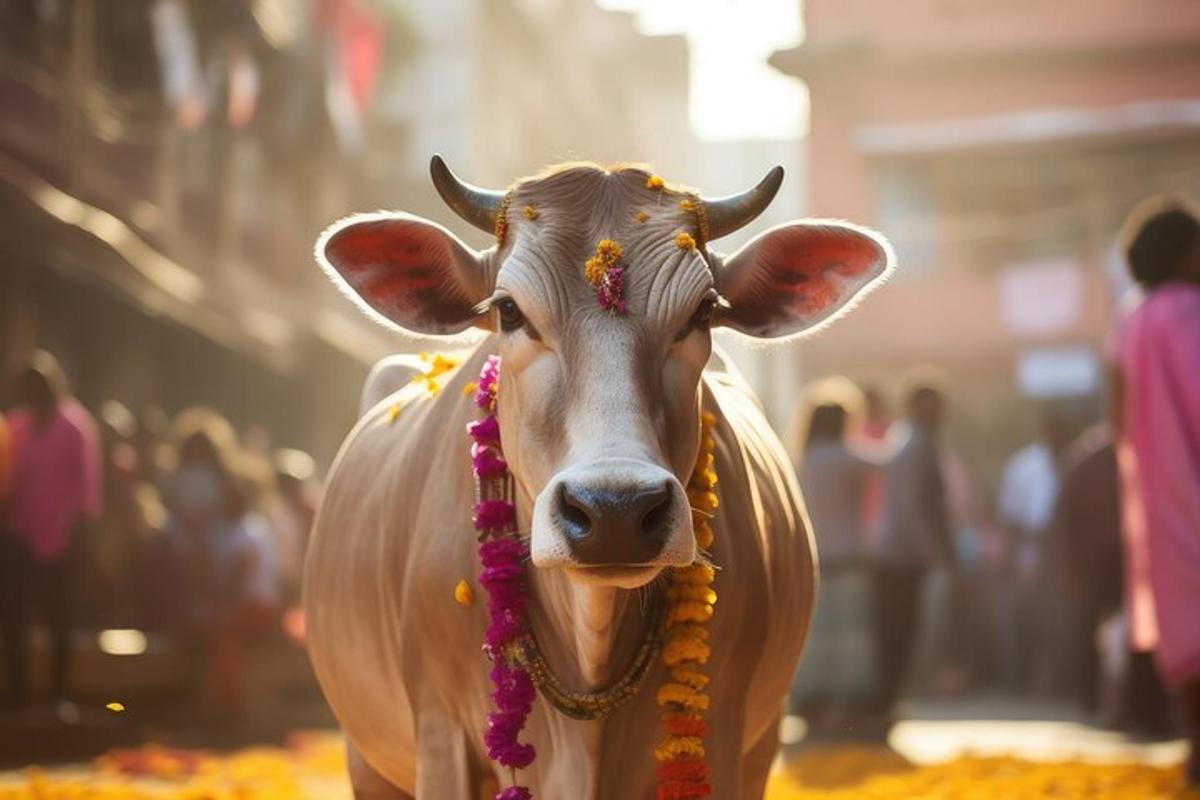 a statue of a cow wearing a necklace