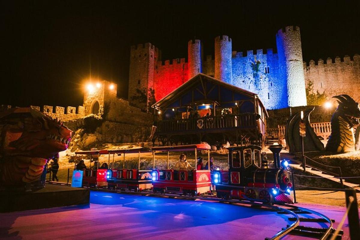 un tren davant d'un castell a la nit