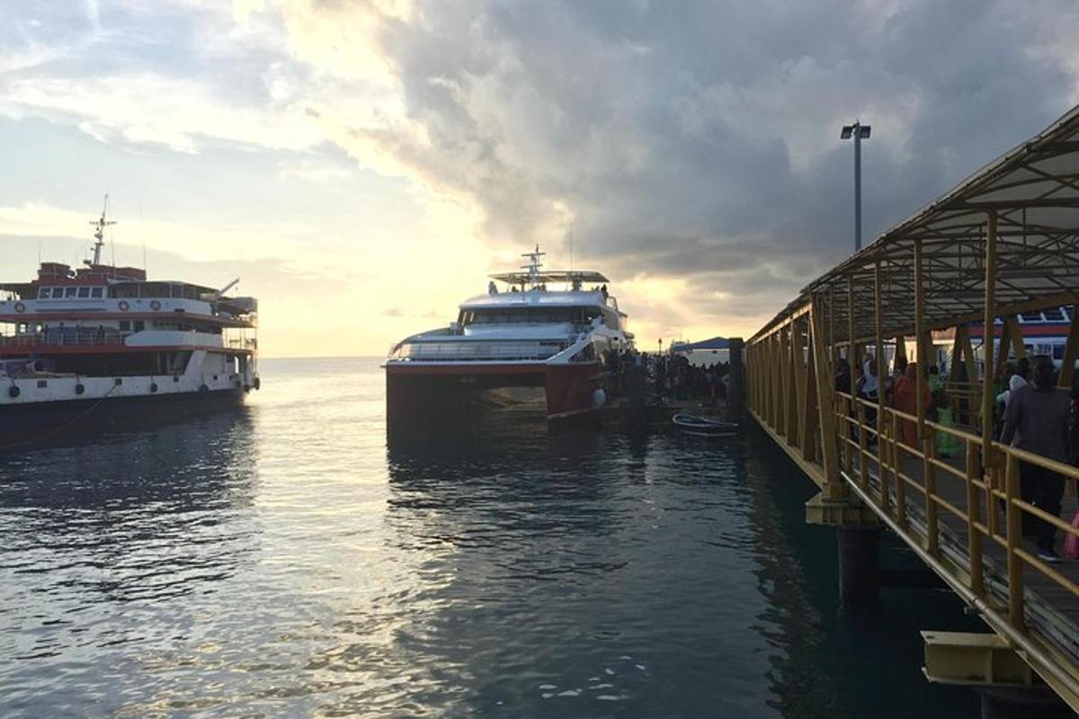 um grupo de pessoas em pé em uma doca com dois barcos
