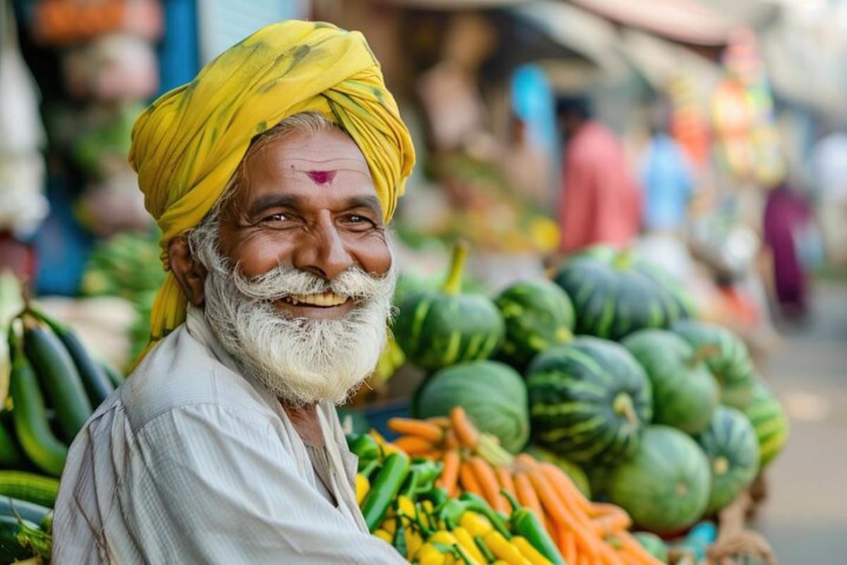 un uomo con un turbante giallo in piedi in un mercato