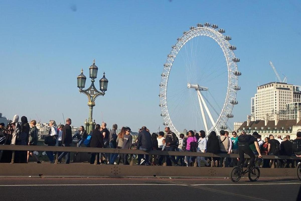 a large crowd of people standing on a bridge with a ferris wheel