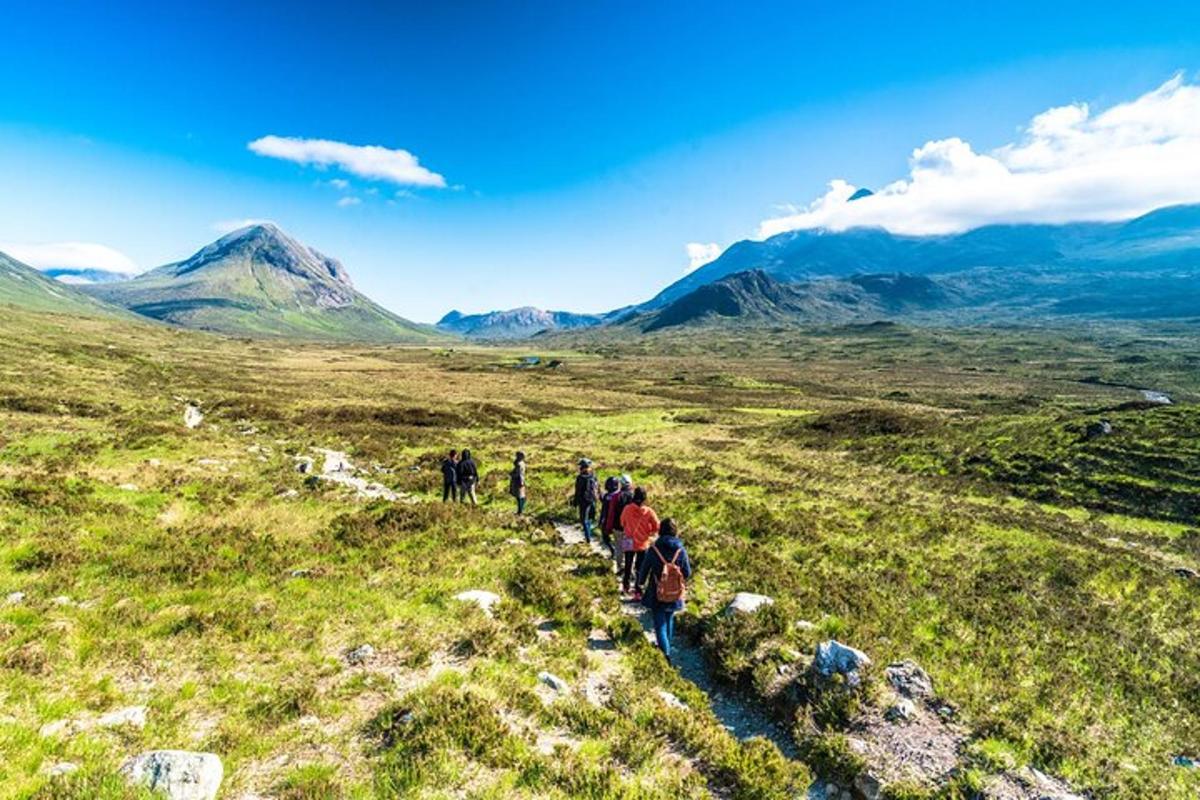 a group of people walking on a hill in a field