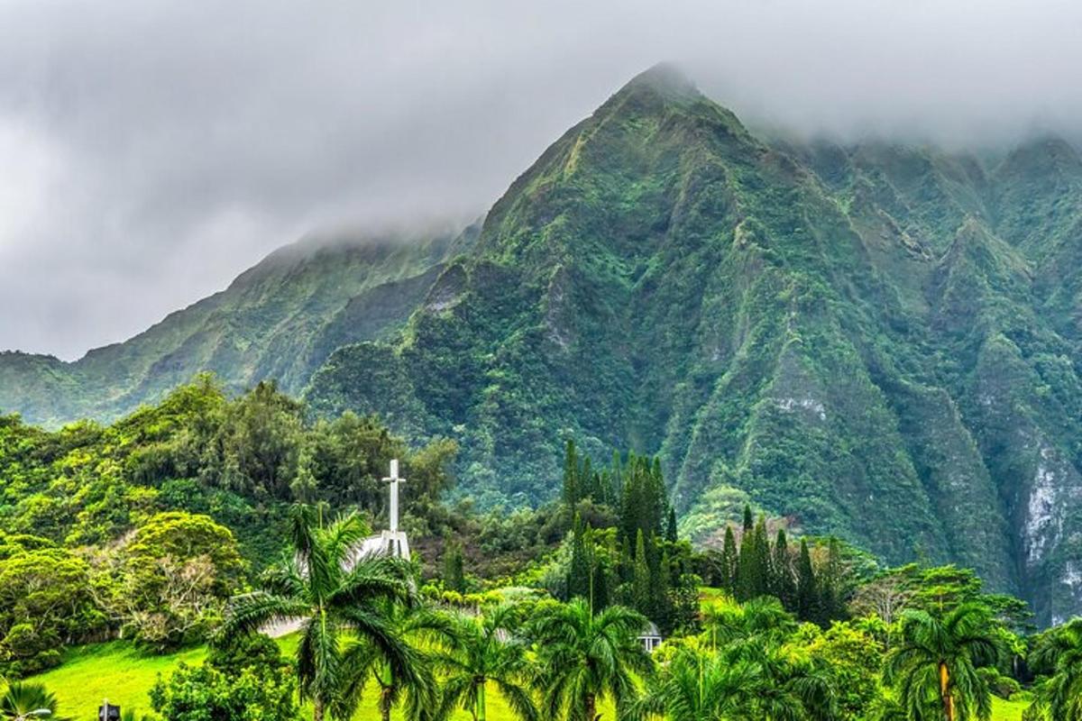 sebuah gunung dengan salib dan pohon palem di depannya
