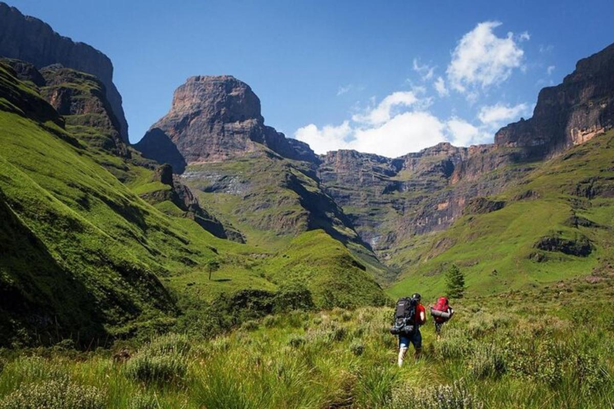 two people walking on a grassy hill with mountains