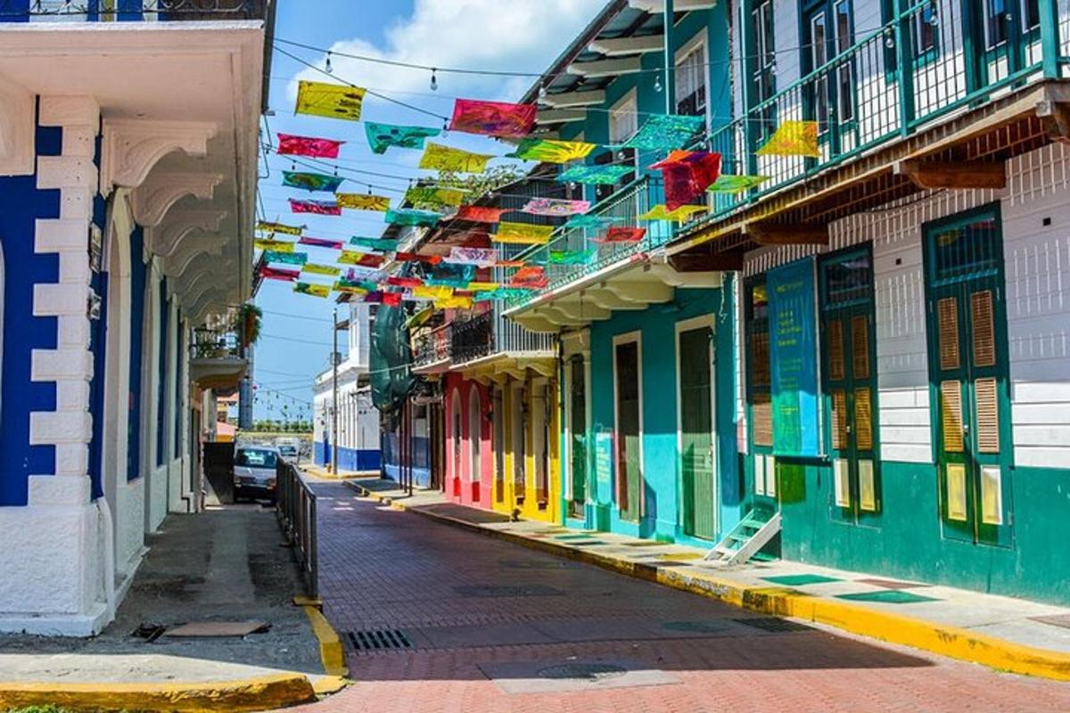 un carrer de la ciutat amb edificis i banderes de colors