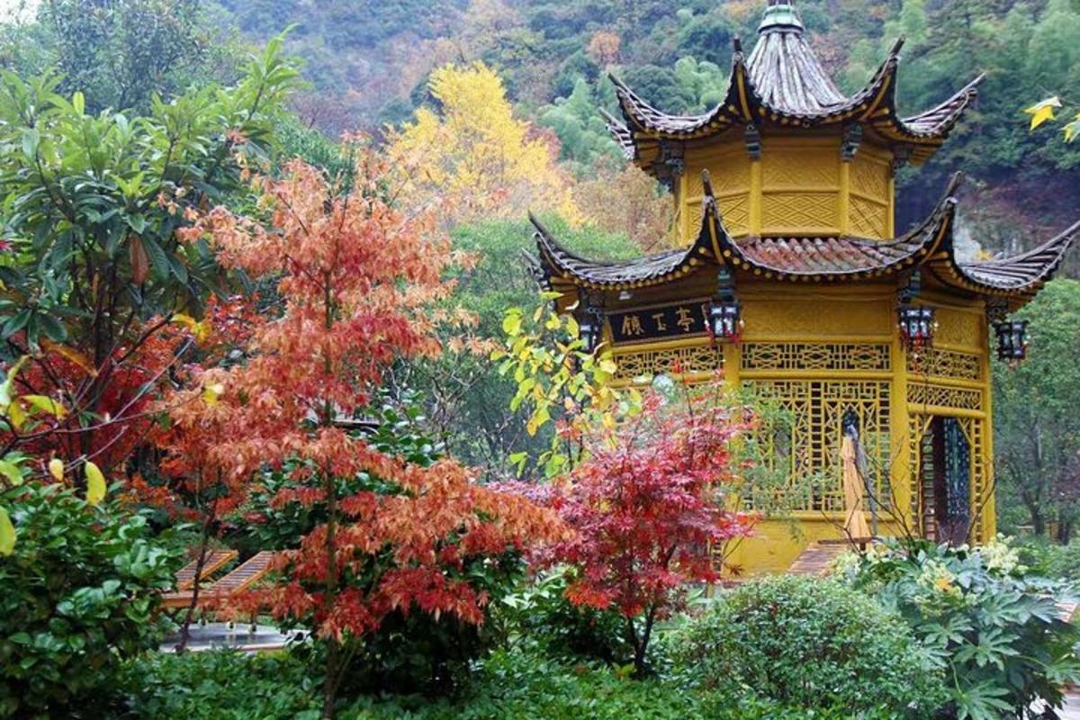 花园中央的一座黄色宝塔