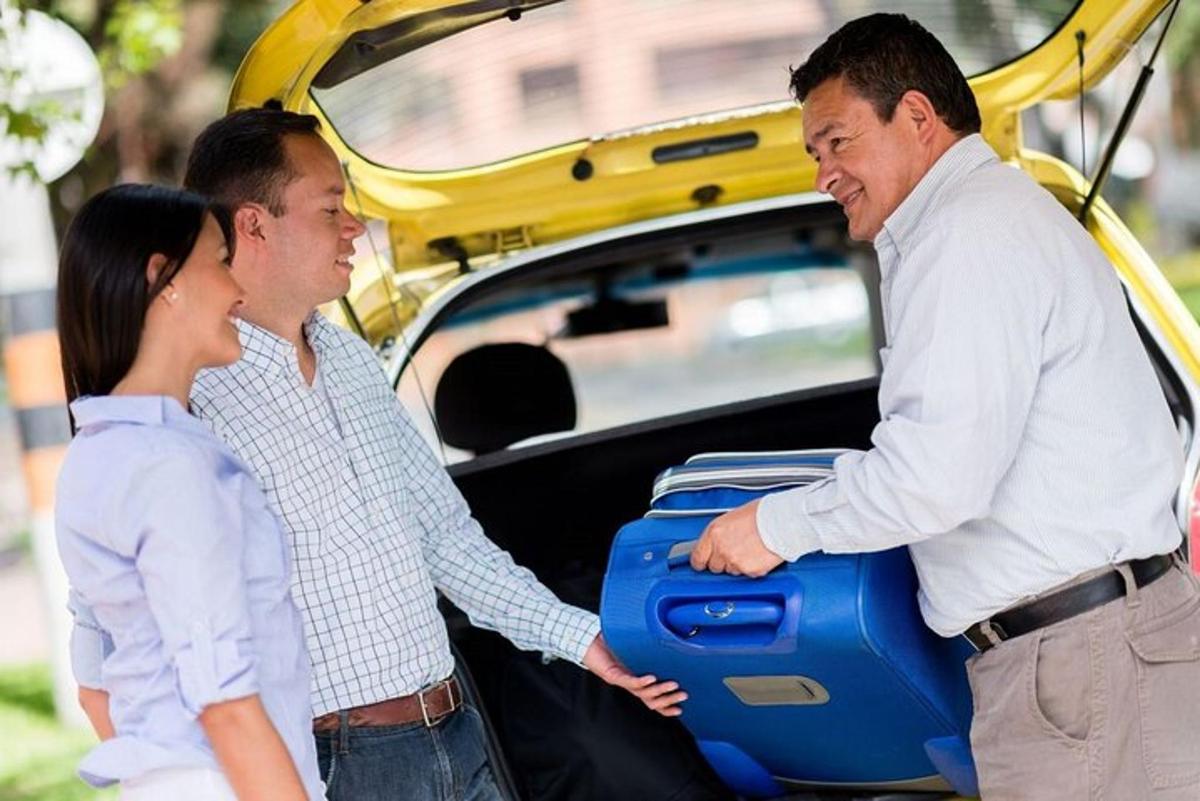two men and a woman standing in the trunk of a car