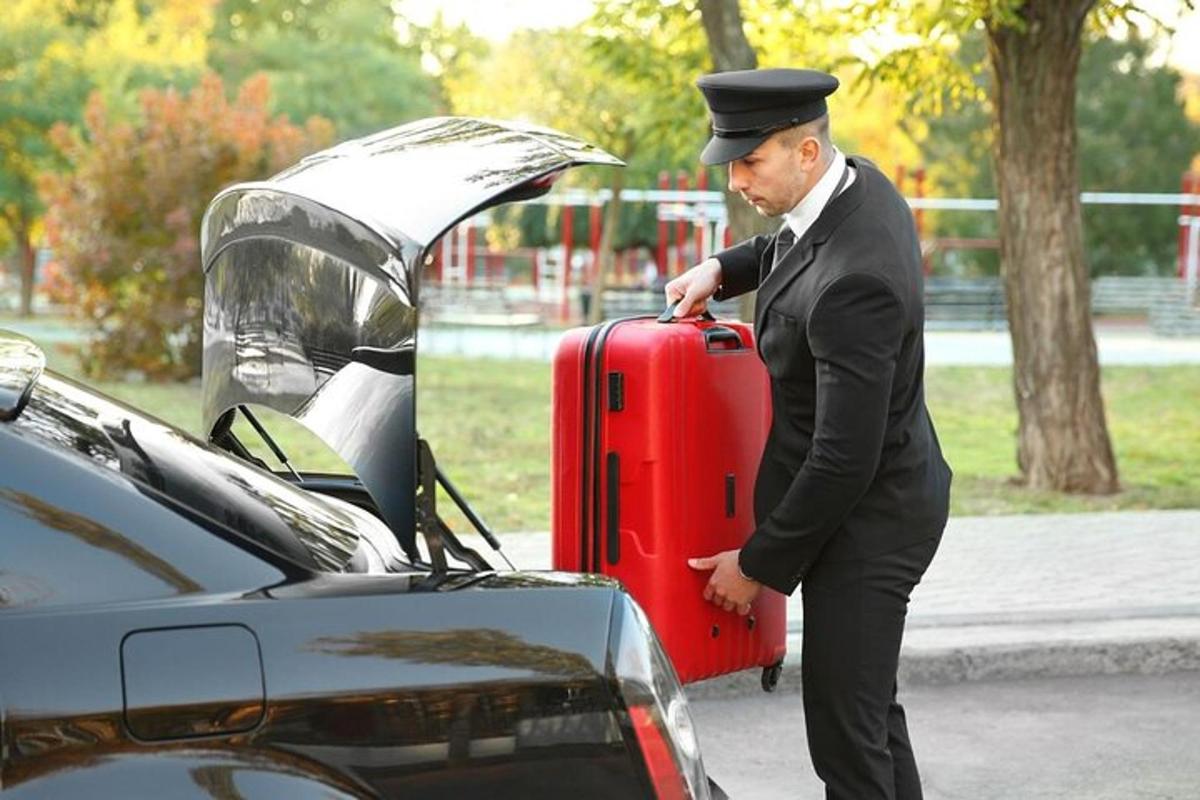 ülikonnas mees, kelle auto kõrval on kohver