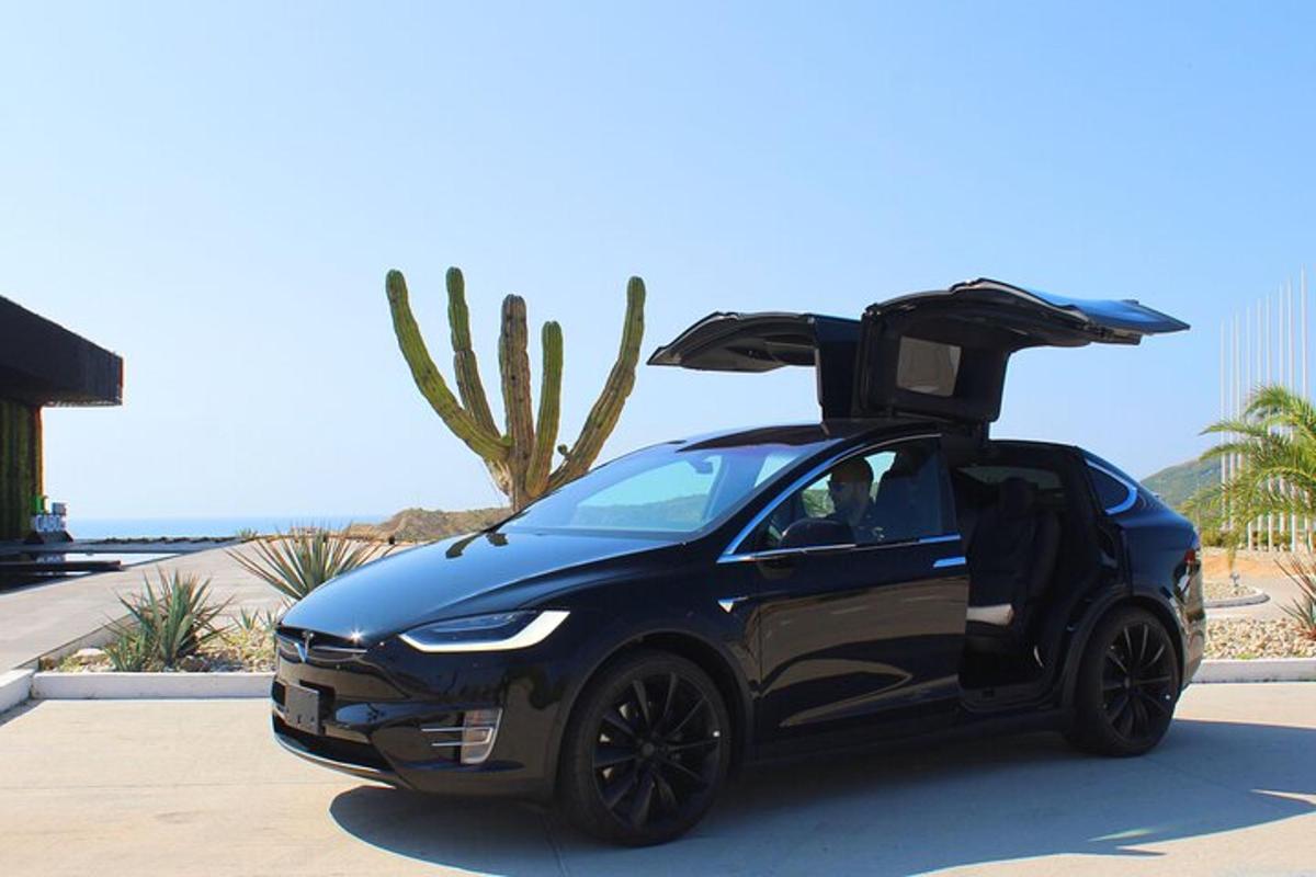niebieski samochód Tesla z otwartymi drzwiami