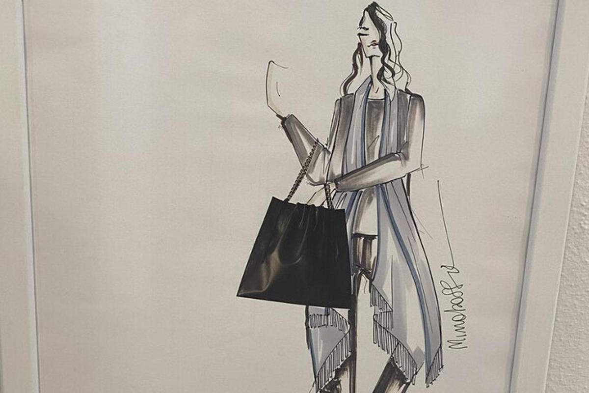 um desenho de uma mulher de vestido com uma bolsa