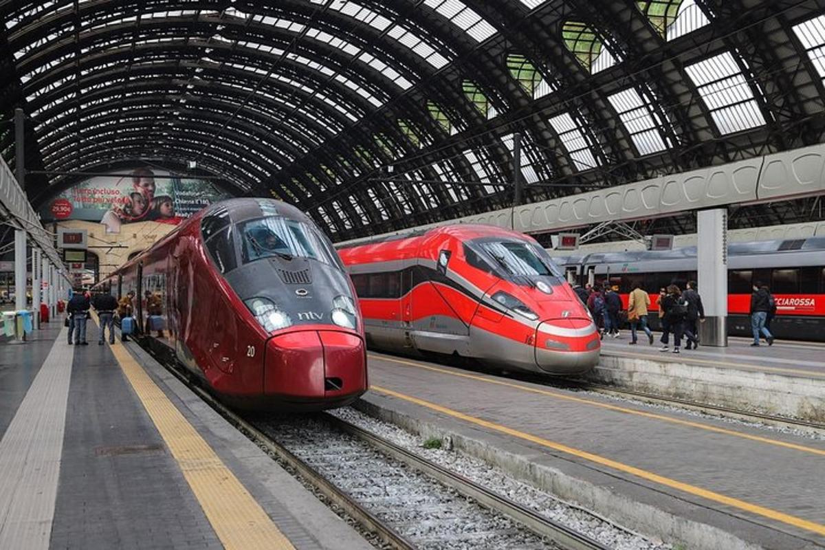 δύο τρένα σε γραμμές σε έναν σιδηροδρομικό σταθμό