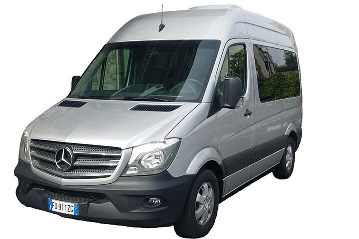Stříbrná dodávka je zaparkovaná na bílém pozadí