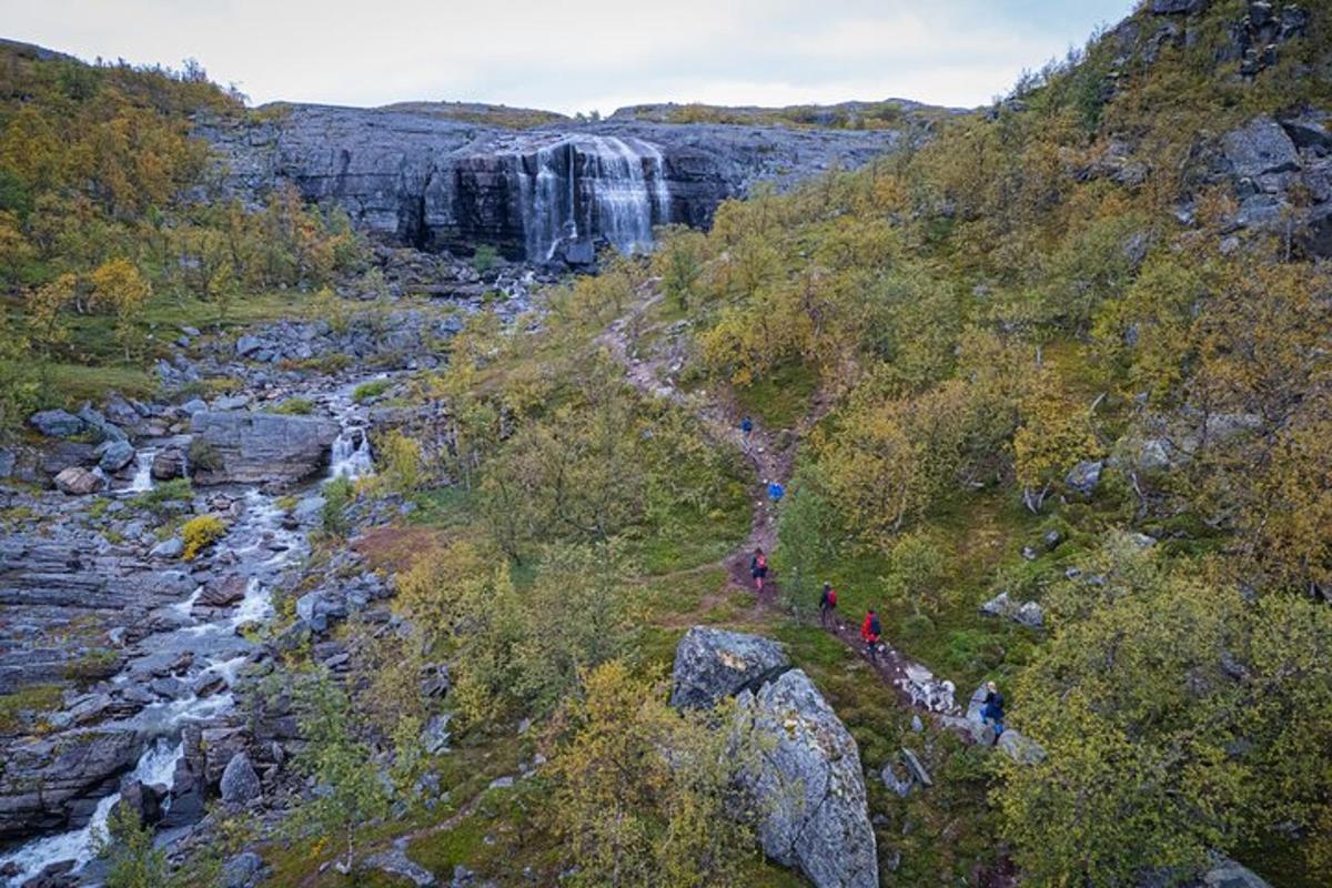 a group of people walking down a hill next to a waterfall
