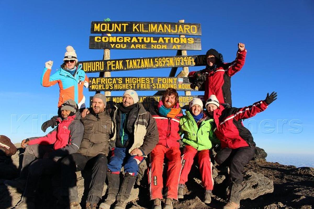 a group of people posing in front of a sign on a mountain