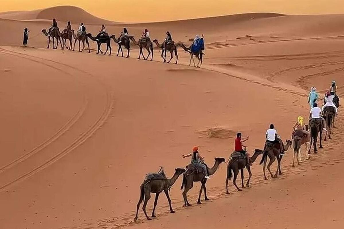 un gruppo di persone a cavallo di cammelli nel deserto