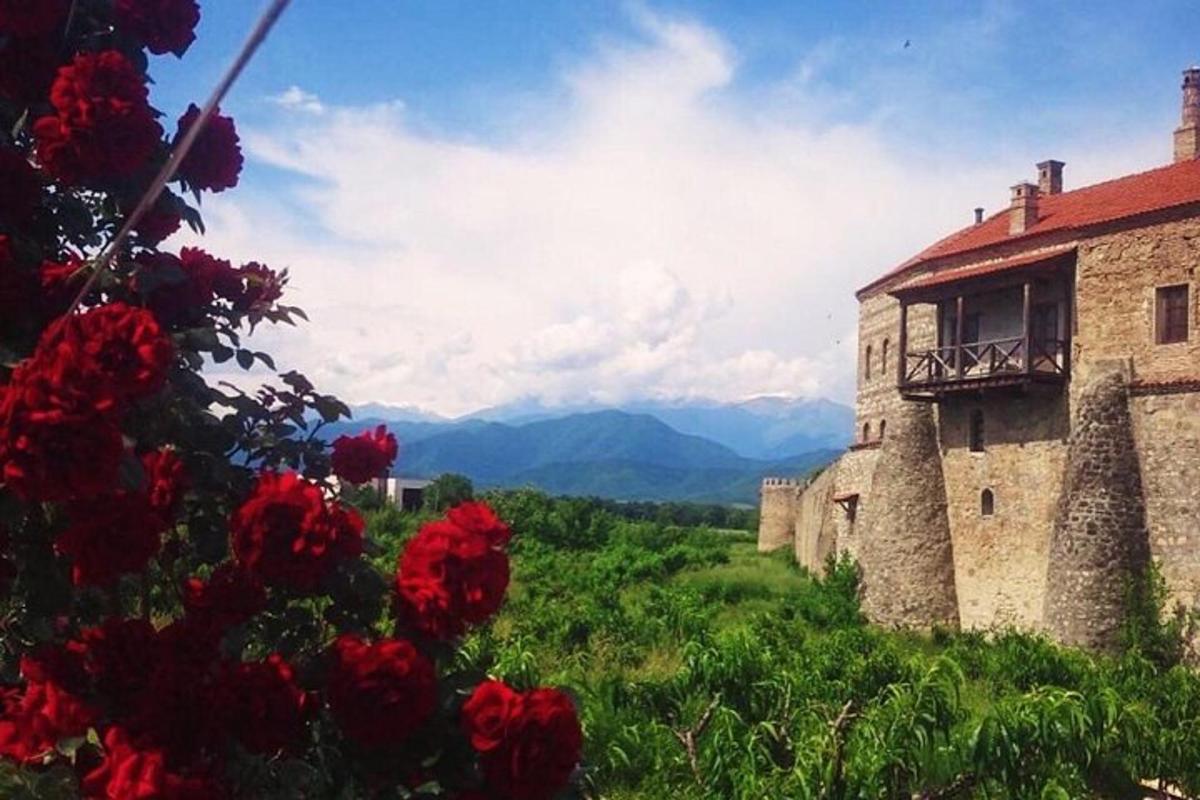 o clădire veche cu flori roșii în față