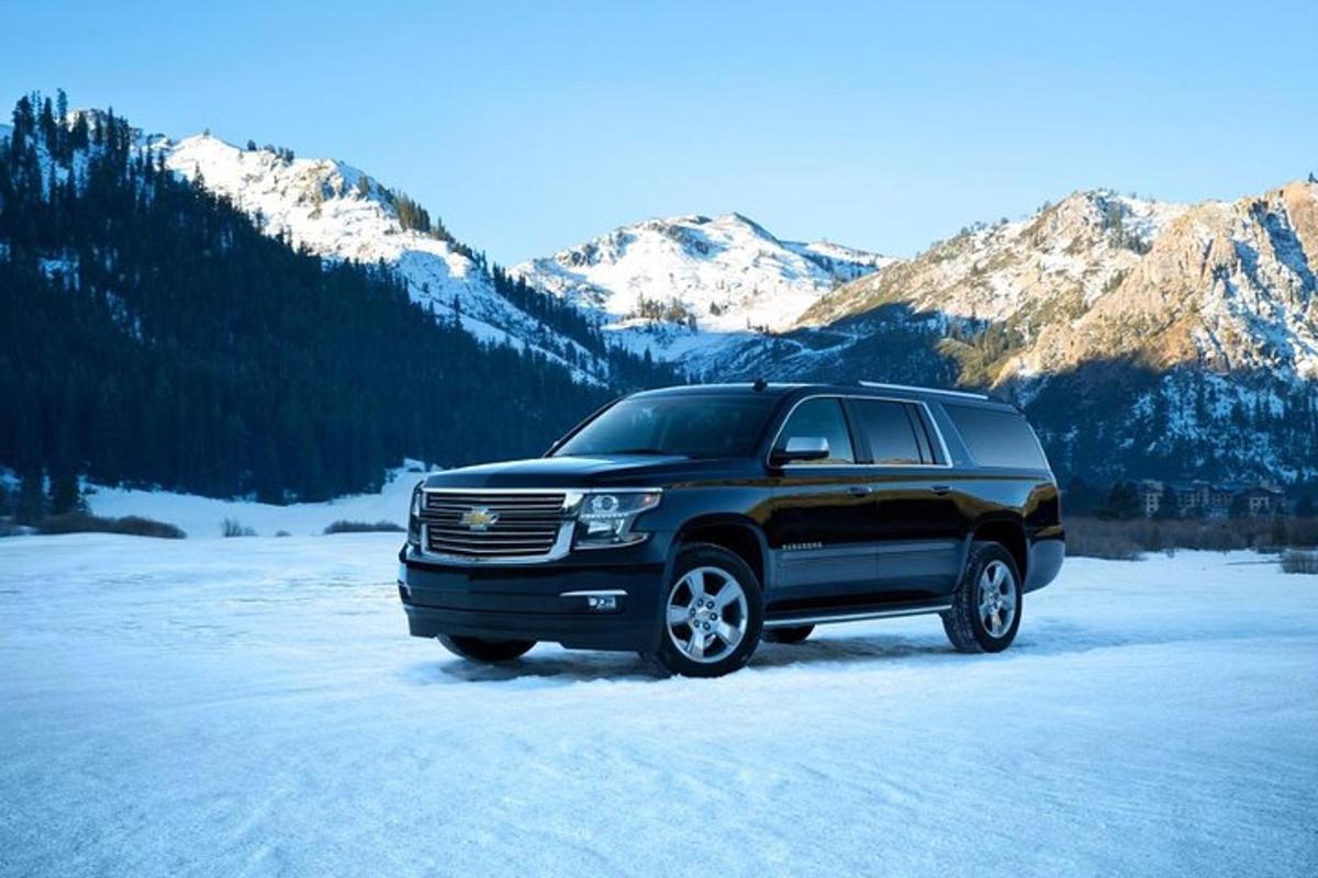 Un camión negro estacionado en la nieve en las montañas.