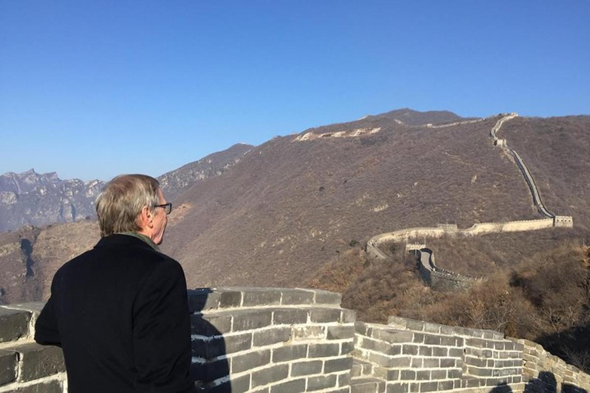 a man standing on a stone wall looking at the great wall