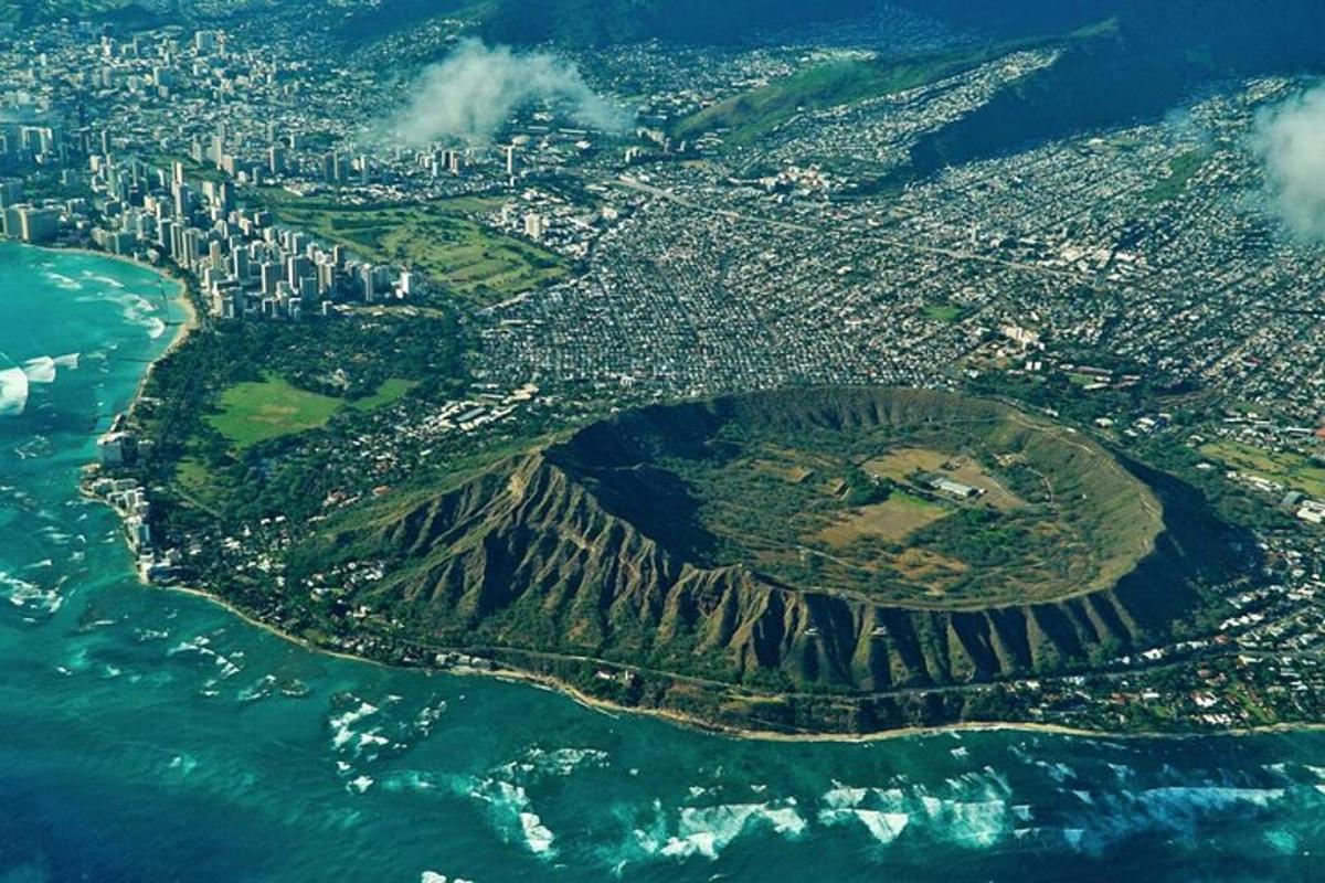 an aerial view of an island near the ocean