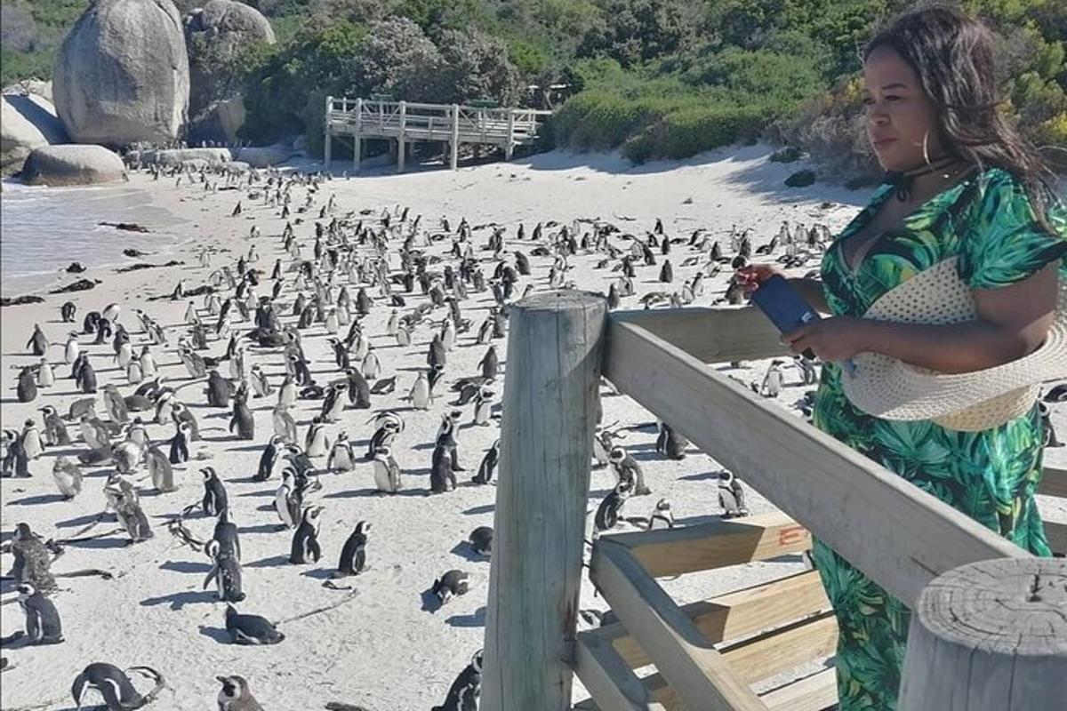 Una mujer parada junto a una valla con una bandada de pingüinos.