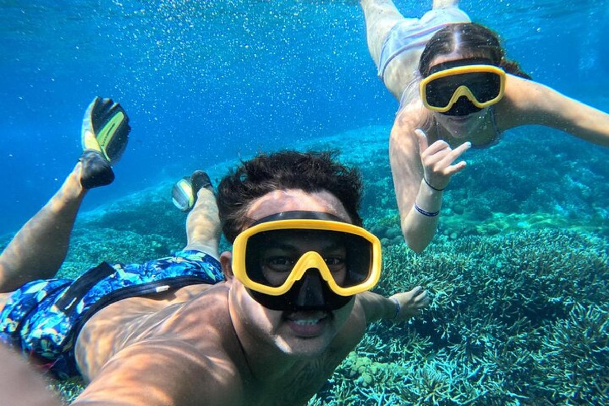 twee mannen met duikbrillen zwemmen in het water