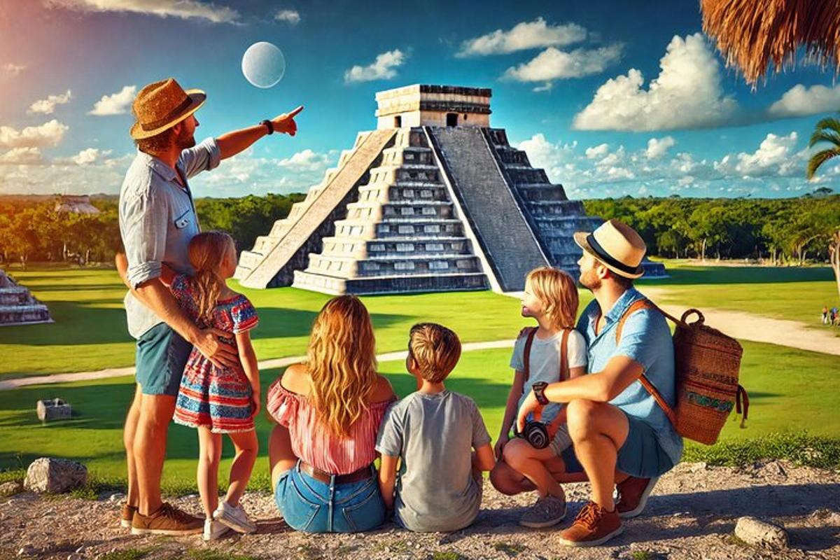 skupina lidí sedících před pyramidou