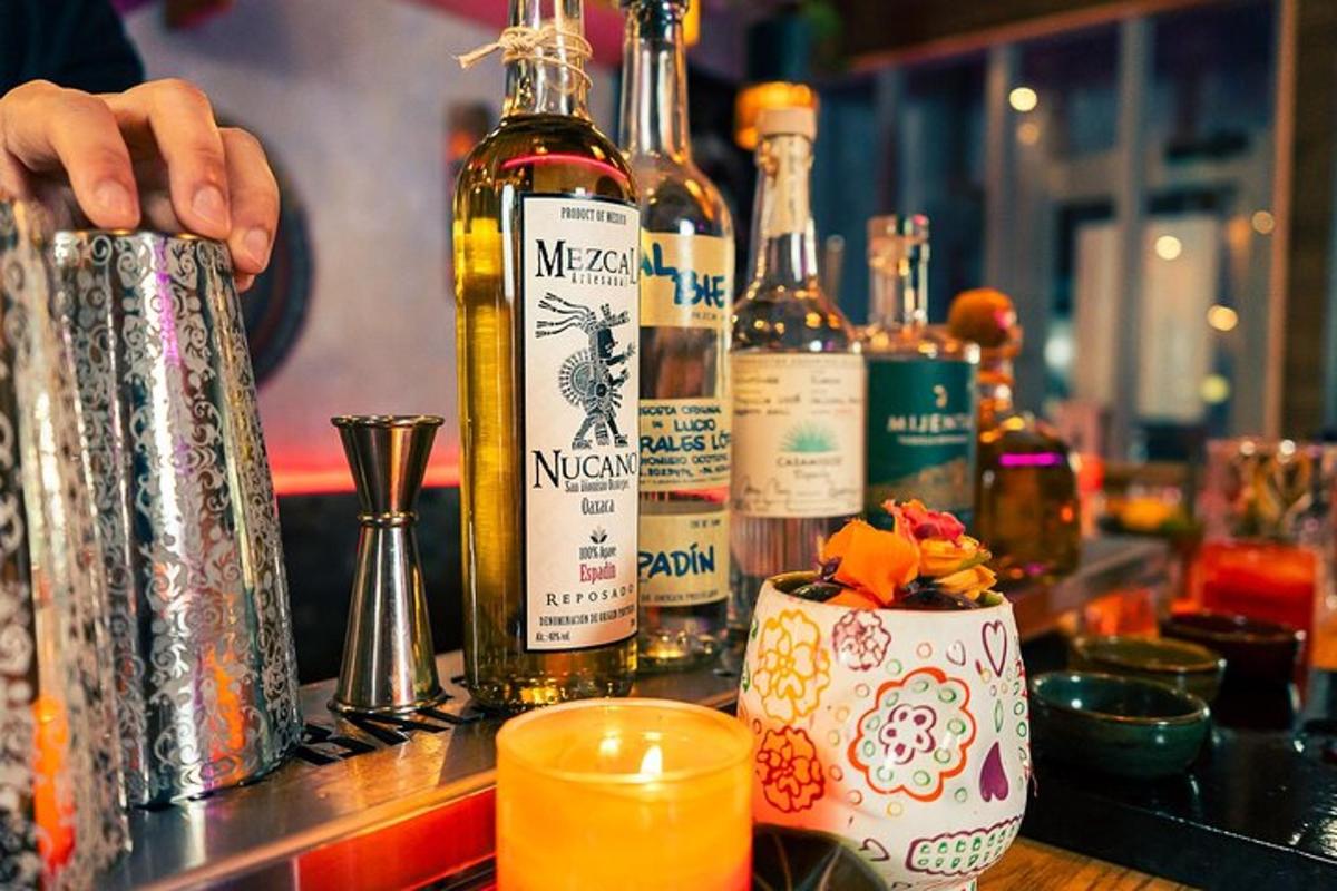 o persoană stă pe un bar cu sticle de alcool