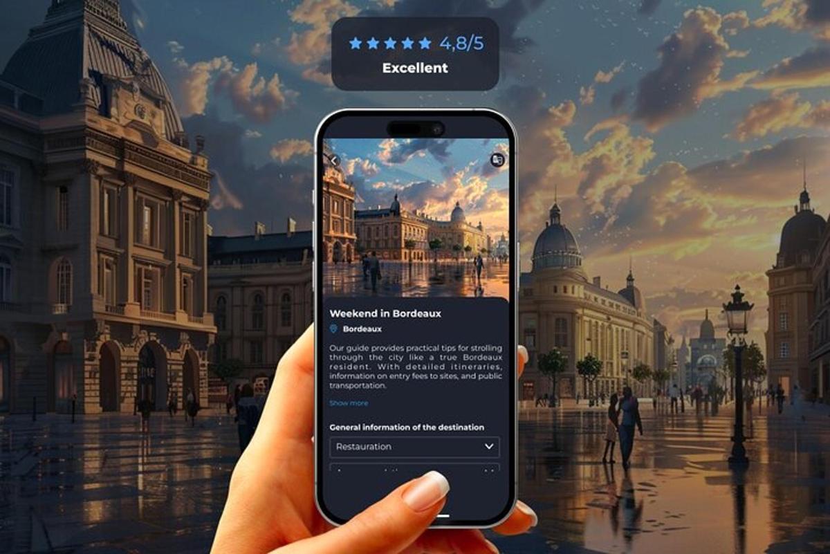 egy személy a kezében egy mobiltelefonnal a város előtt
