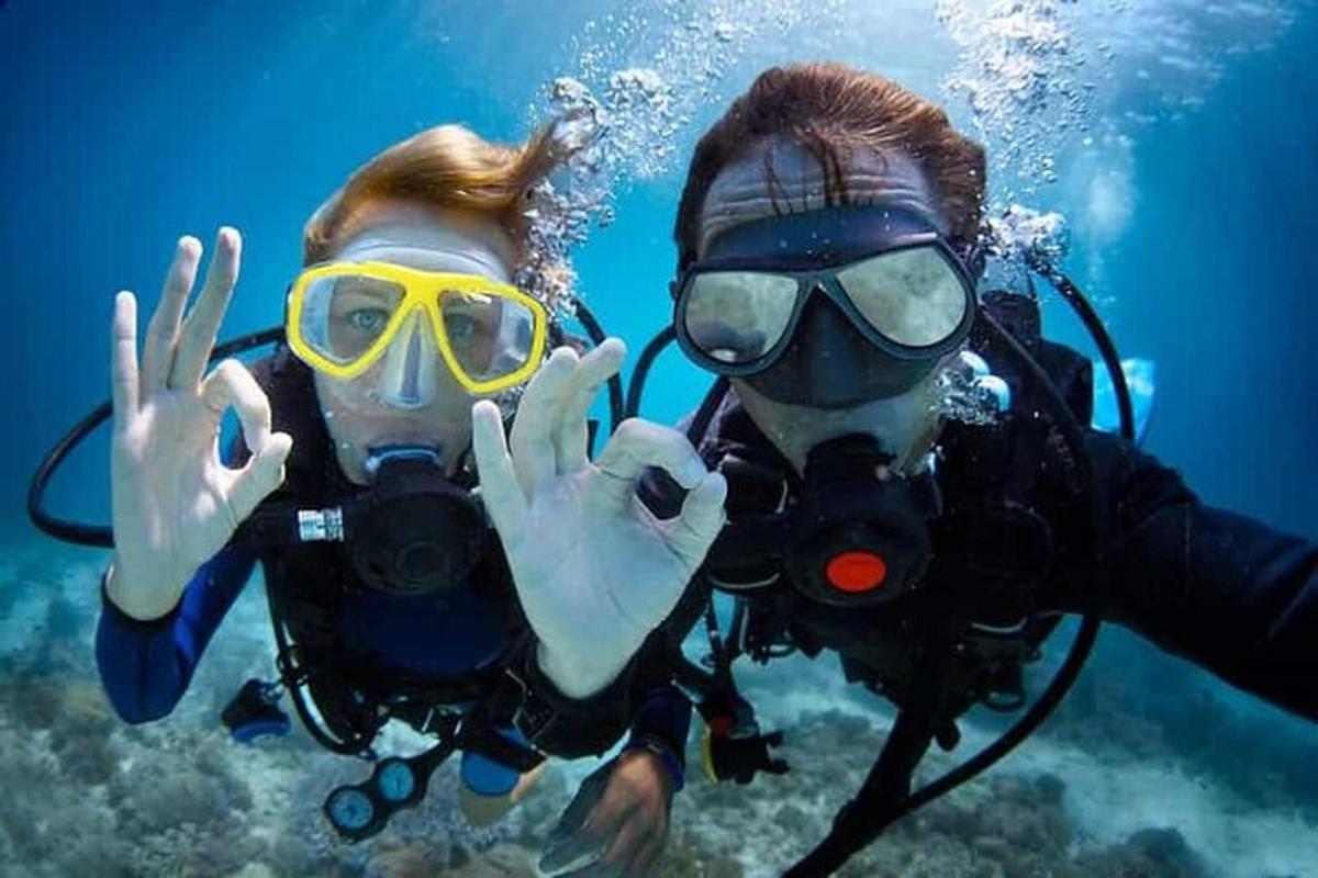 duas pessoas com equipamento de mergulho posando para uma foto na água