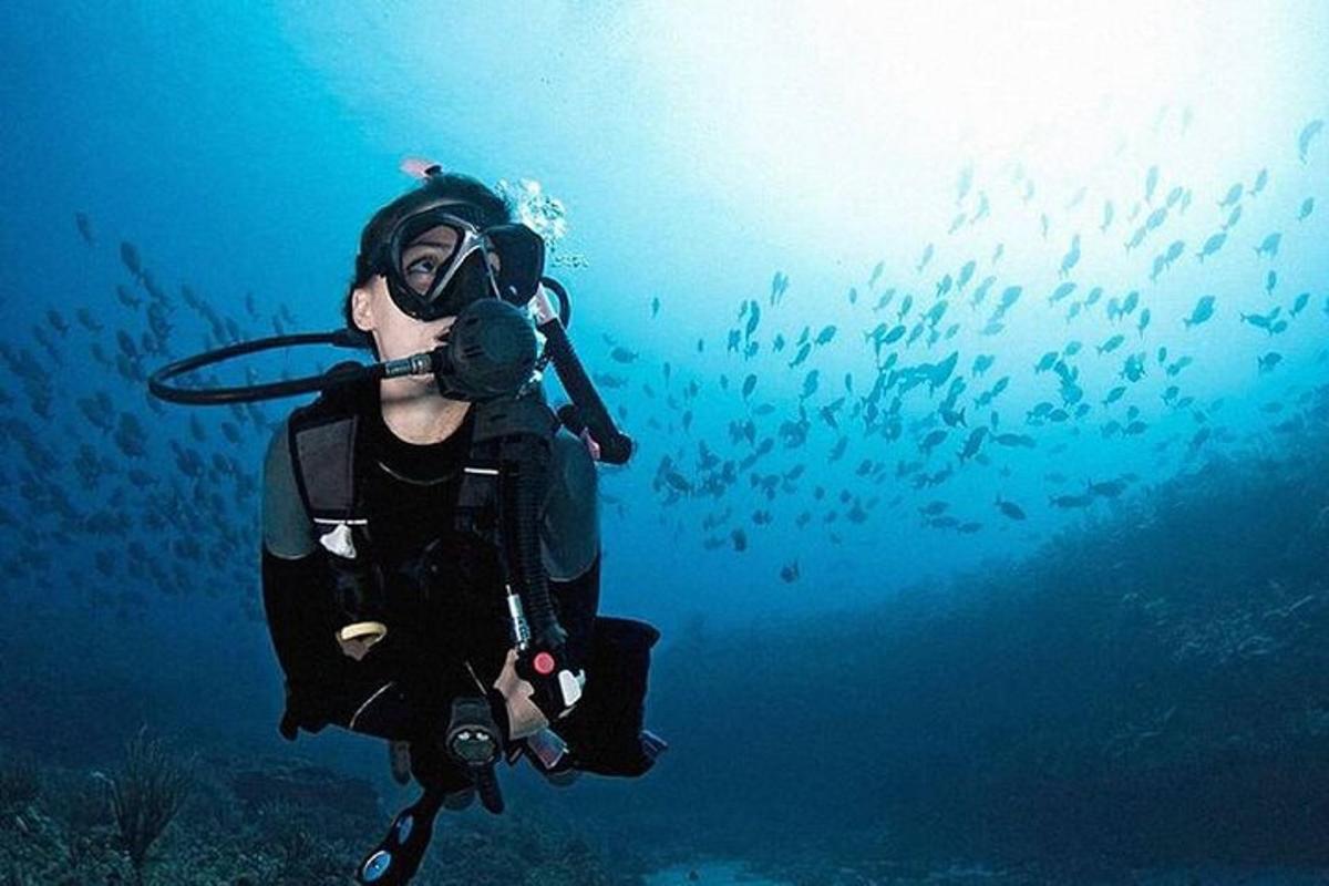 Moški v potapljaški obleki plava v oceanu