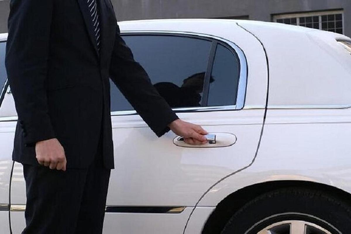 ülikonnas mees seisab valge auto kõrval