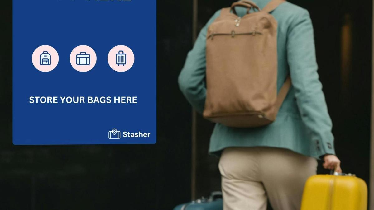 a woman with a backpack and luggage in front of a screen
