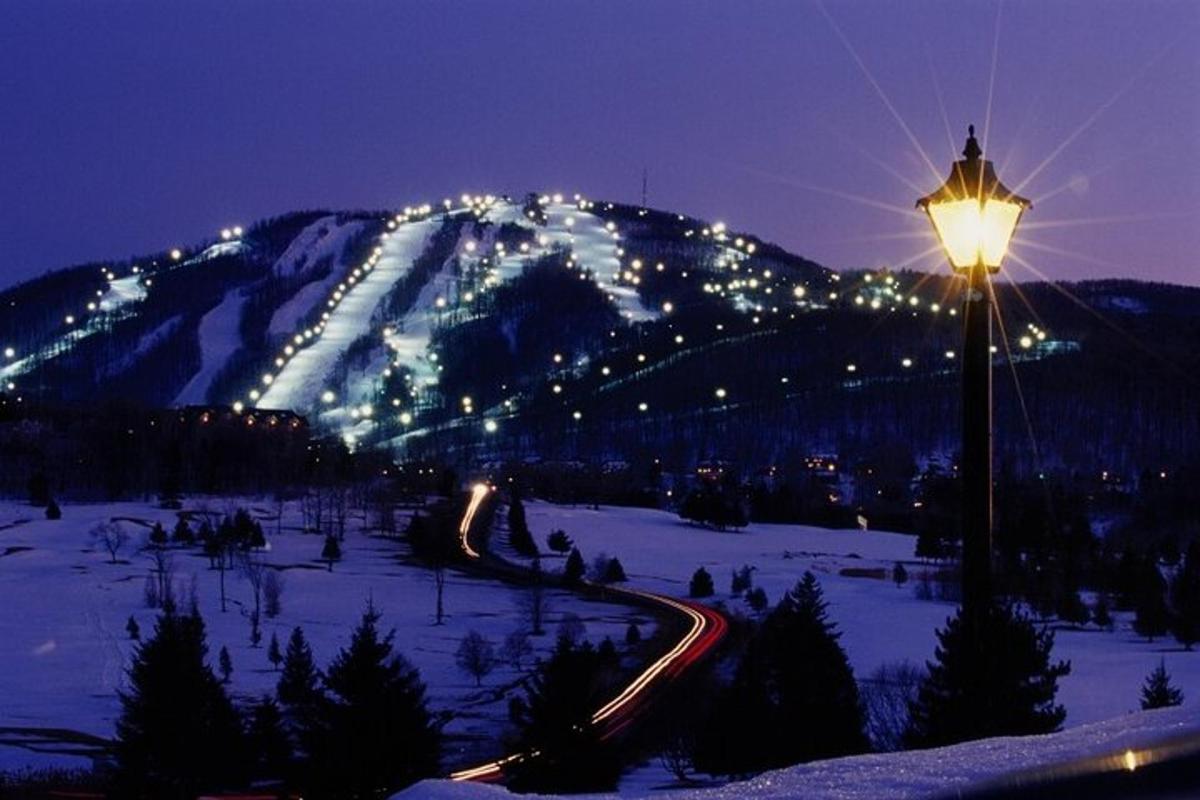 Una montaña de noche con una farola en la nieve.