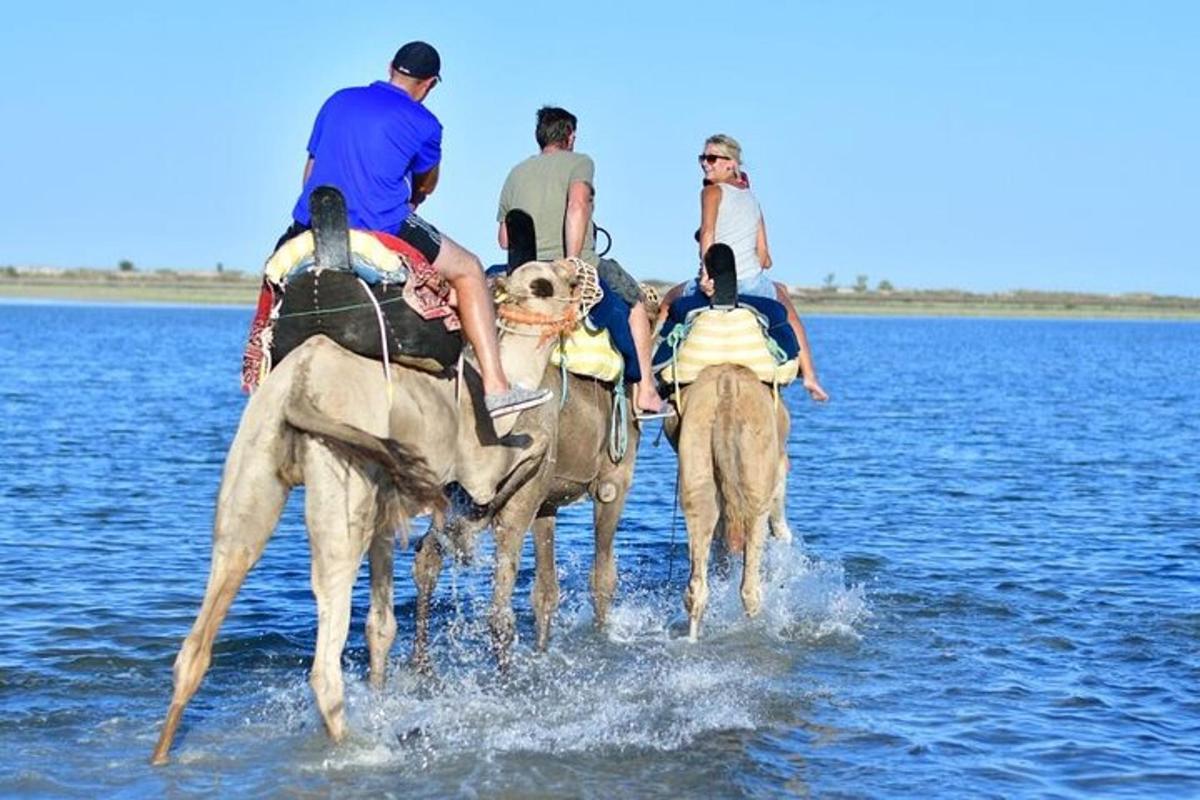 a group of people riding horses in the water